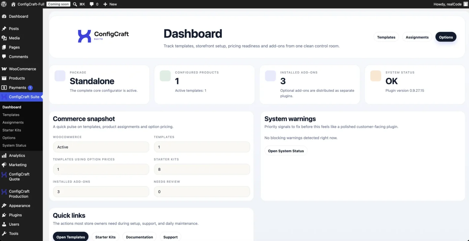 Una dashboard per controllare template, prodotti, add-on e stato del sistema.
