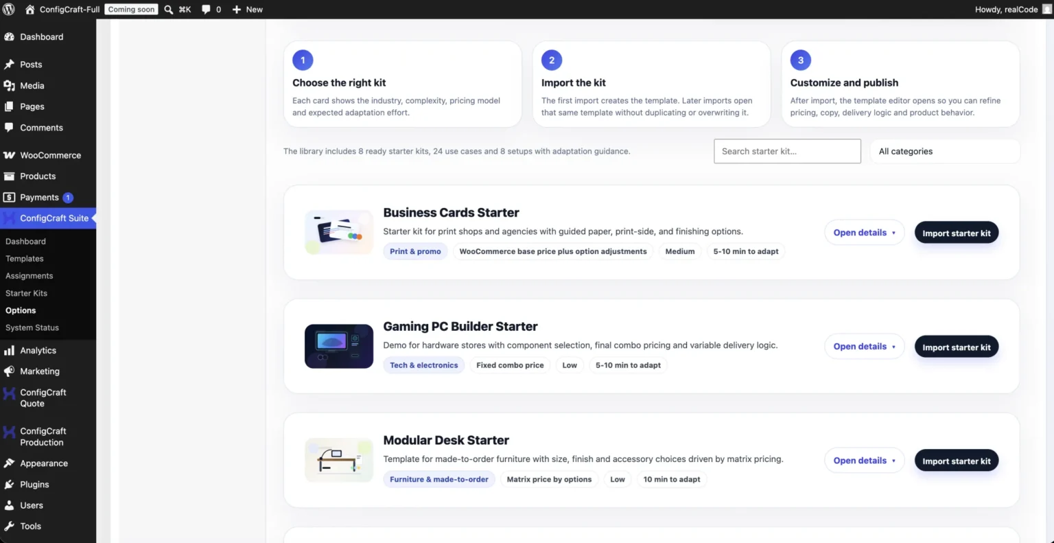 Starter kit pronti per accelerare la creazione delle configurazioni.
