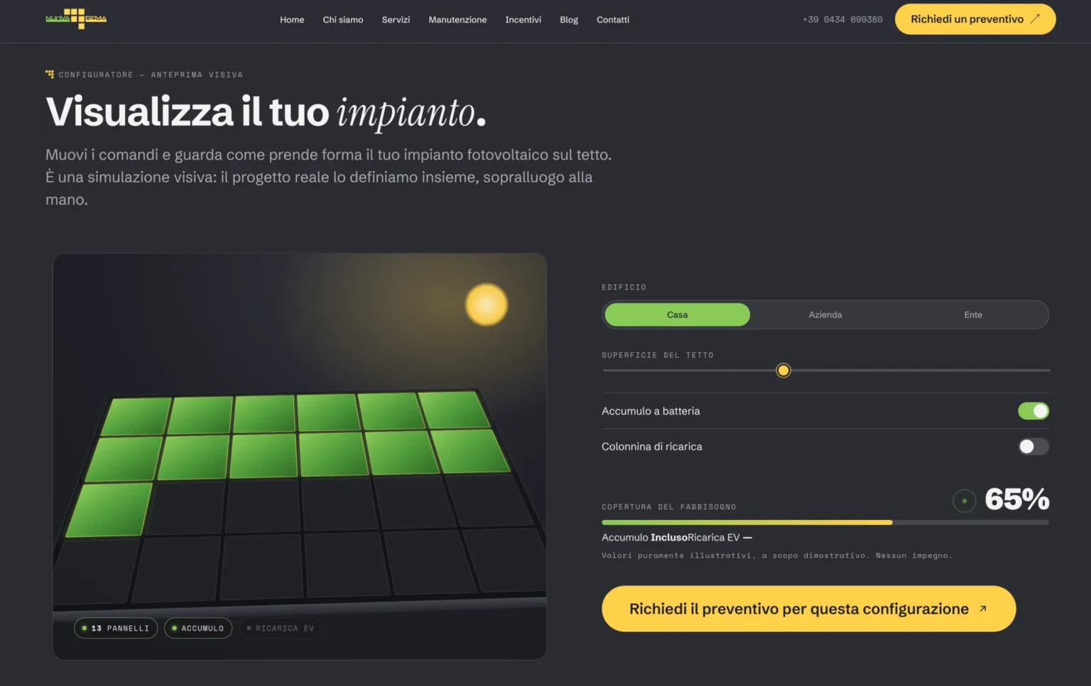 Il configuratore visualizza l’impianto fotovoltaico con oggetti 3D modellati su misura in Blender.